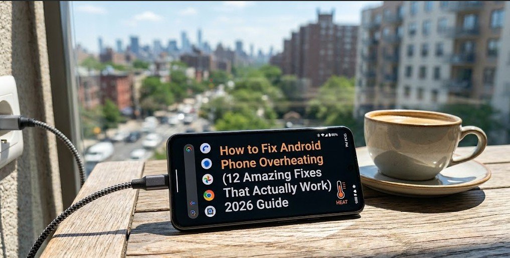 An Android smartphone overheating while charging on a hot sunlit wooden table