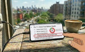 A mobile diagnostics application interface like AccuBattery showing a smartphone battery health score degraded below 80 percent