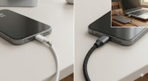 Frayed USB charging cable showing internal wires