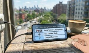 Close-up photograph of an Android smartphone screen displaying a 'Fix 2' interface with symbolic panels for 'Avoid Games & Heavy Apps', 'Use Airplane Mode', and 'Charge When Cool', emphasizing safe charging practices