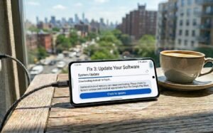 Close-up shot of an Android smartphone screen displaying a 45 percent system software update progress bar on a sunny table, addressing device overheating causes